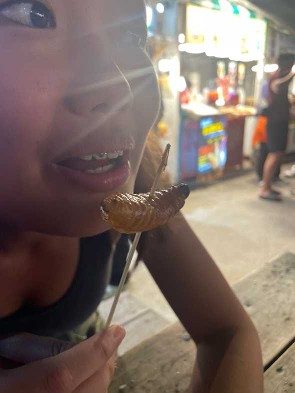 Na Wei attempting to eat a silkworm.
